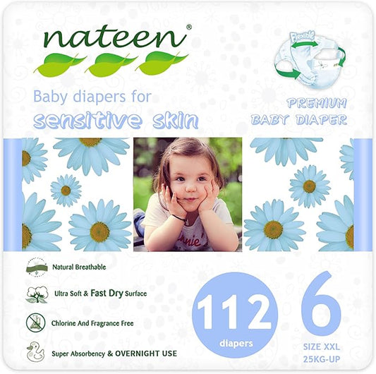 Nateen Premium Baby Diapers, Overnight Use Disposable Diapers for Sensitive Skin, Ultra Thin Diapers with Comfortable Fit. Size 6 (XX-Large), 112, Count., White