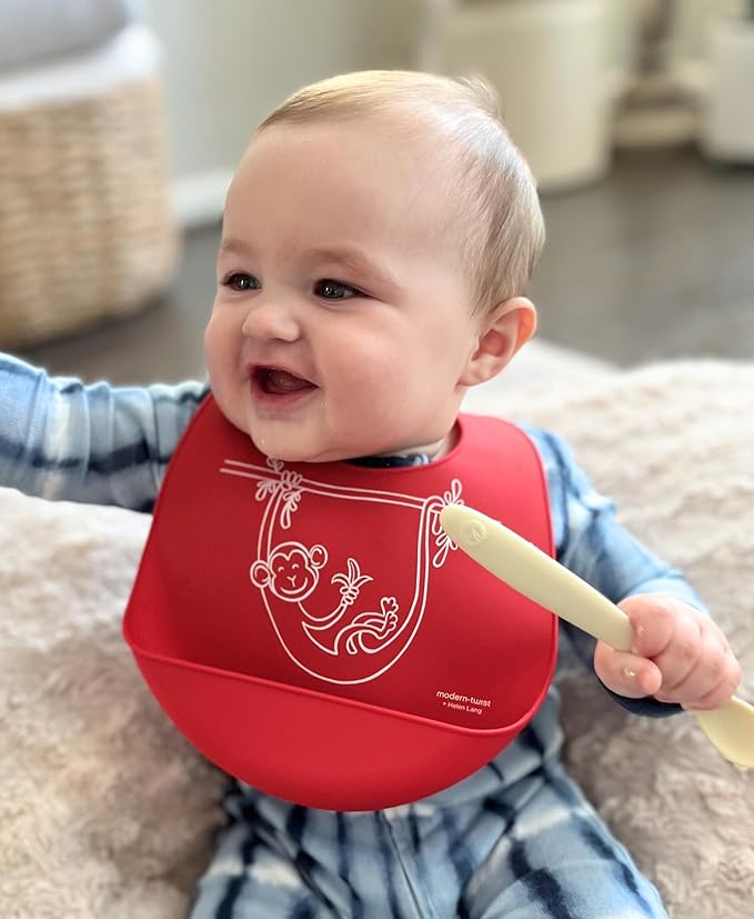 Modern Twist Bucket-Bib 100% Food-Grade Silicone, Waterproof and Reusable, Monkey Business – Red