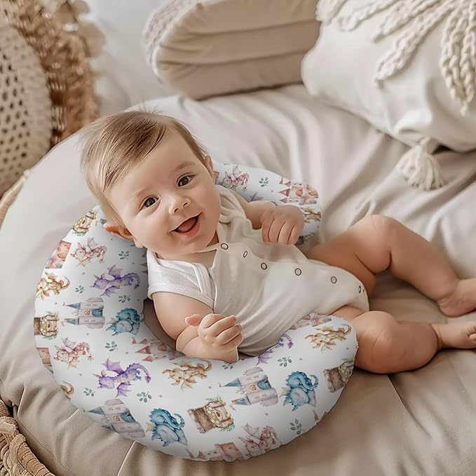 Cartoon Cute Dragon Castle Stars Leaves Pattern Nursing Pillow Cover, Unisex Removable Breastfeeding Pillowcase Slipcover for Baby Girls Boys Newborns Toddlers, Cover Only