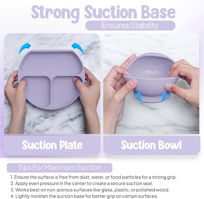 O'doe 17-Piece BPA-Free Silicone Baby Feeding Set | Thick & Soft Suction Plates, Baby Bowls, Wooden Fork & Spoon, and More | Make Mealtime Fun and Easy for Your Little One (Purple, V2)