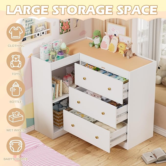 PAKASEPT Modern Nursery Changing Table, Corner Baby Dressing Table with 3 Drawers and 2 Open Shelves, Multi Functional Diaper Changing Station for Children's Rooms,Nursery