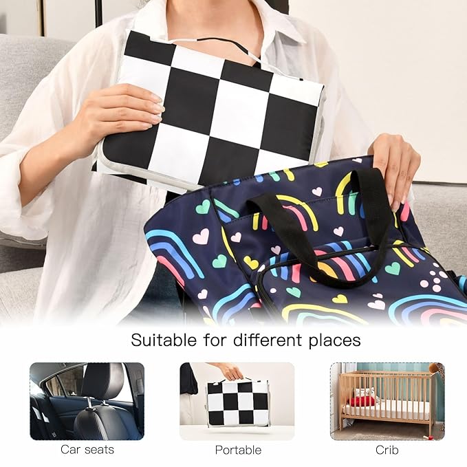 Portable Diaper Changing Pad Travel Baby Changing Mat Waterproof Diaper Changing Mat Foldable Lightweight Baby Changer with Built-in Pillow Checkered Black and White