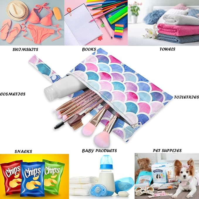 visesunny Mermaid Rainbow Scale 2Pcs Wet Bag with Zippered Pockets Washable Reusable Roomy Diaper Bag for Travel,Beach,Pool,Daycare,Stroller,Diapers,Dirty Gym Clothes,Wet Swimsuits,Toiletries