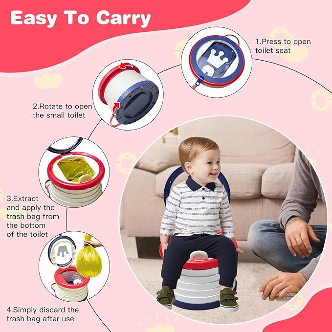 Portable Potty Chair for Toddlers with Splash-Proof Design, Foldable Travel Potty with Bag & 30 Refills - Kids Toilet for Car, Camping, Indoor - Easy Clean Baby Potty Training Seat(Red-blue)