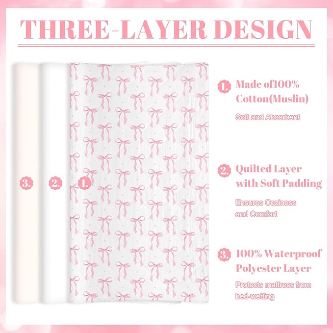 Frienda 2 Pack Pink Changing Pad Covers Waterproof Pink Bow Muslin Changing Pad Covers 32 x 16 Inch Coquette Quilted Cotton Fitted Diaper Sheet Breathable Extra Thick Sheets for Girls