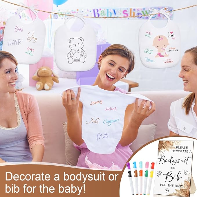 Roowest 35 Pcs Baby Shower Bibs Games Design Wooden Baby Shower Party Game Sign DIY Bodysuit Sign 15 White Blank Bibs 9 Bodysuit 10 Markers for Party Supplies(Boho)