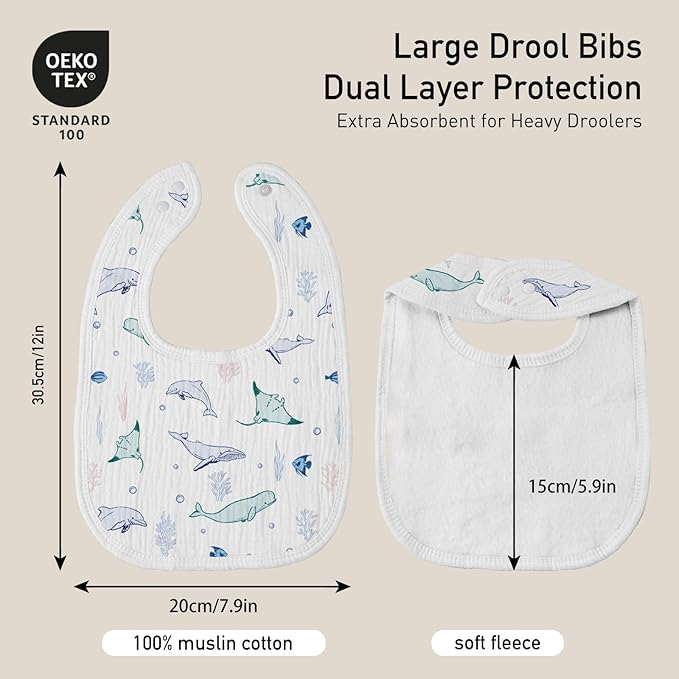 GLLQUEN BABY Muslin Drool Bibs for Boys Girls 6 Pack, Adjustable Baby Bibs for Drooling and Teething, Soft Cotton Baby Bandana Bib for Newborn Feeding Essentials (Ocean Whimsy)