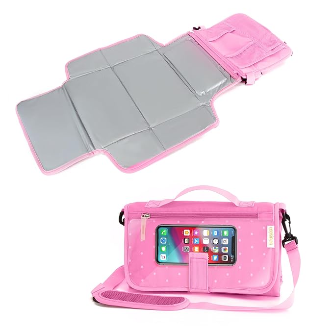 Portable Diaper Changing Mat, Fits Most Changing Tables, One-Hand Hook-and-Loop Fasteners, Front Touchscreen-Friendly Pocket, Pink