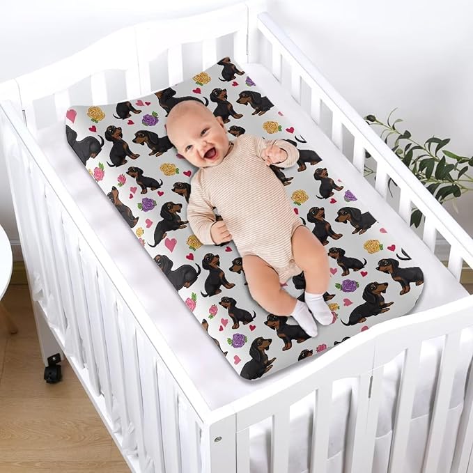 Dachshund Dog Cute Changing Pad Cover Baby Boy, Soft Stretchy Diaper Change Table Covers Fit 32'' x 16 ''Diaper Changing Table Mat Sheets, One Size, Rose Floral Change Mat Liners