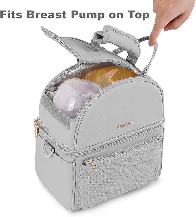 SUNVENO Breast Milk Cooler Bag with Detachable Insulation Box, Double-Layer Pumping Travel Bag for Work & Daycare, Fits Bottles, Ice Packs and Pump Parts,Grey