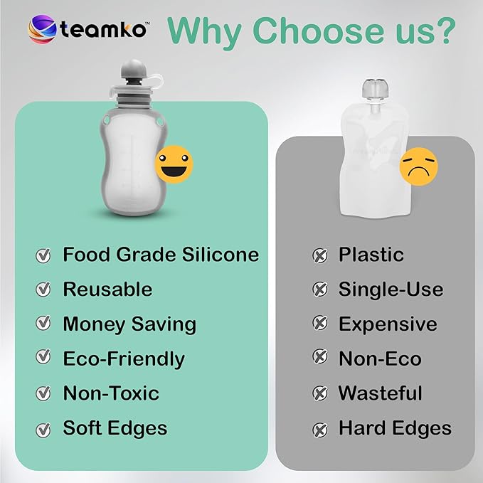 TEAMKO Silicone Reusable Baby Food Pouches: BPA-Free and Eco-Friendly, Baby Food Pouches Refillable for Feeding Essentials, 5 oz Reusable Pouches for Toddlers and Babies (3-Pack)