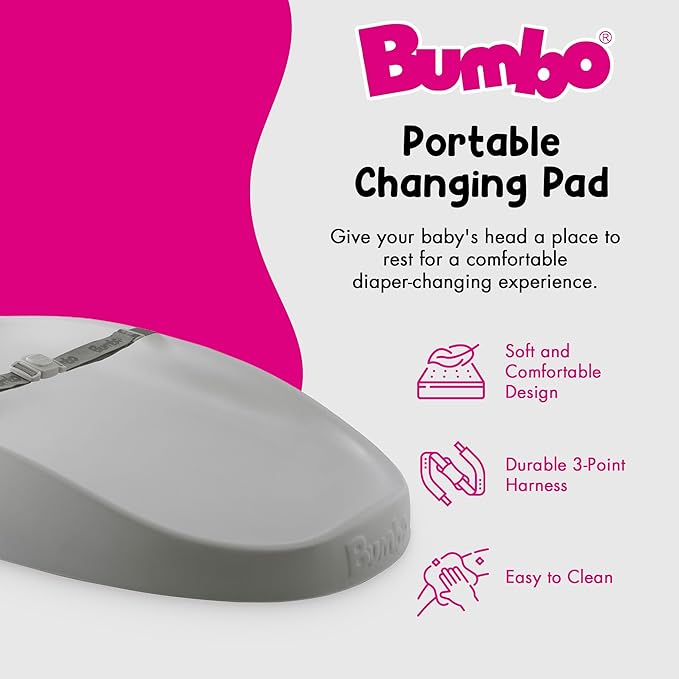Bumbo 2 Pack Baby Changing Pads for Dresser or Table Top, Portable & Wipeable Non Slip Soft Contoured Diaper Change Station with Harness, Cool Grey