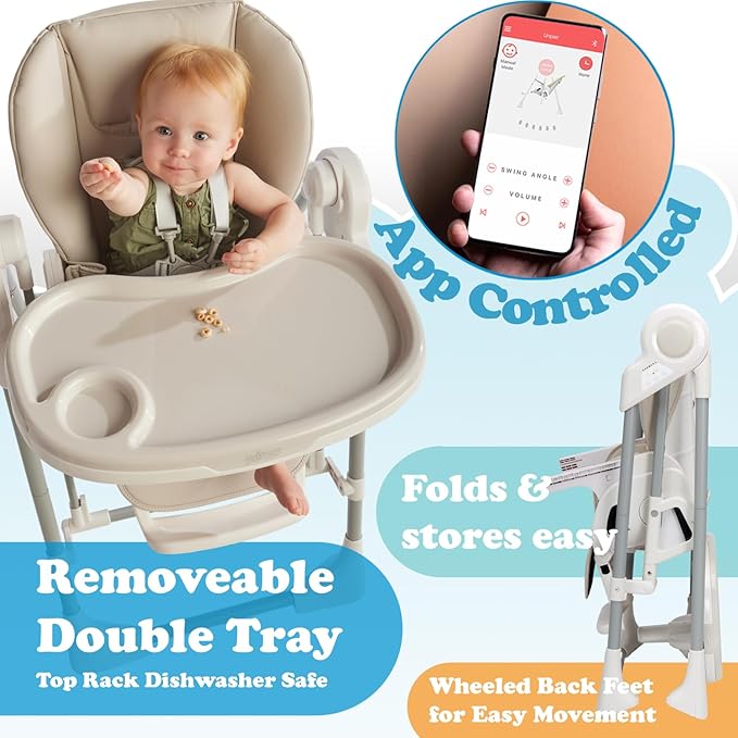 PrimoBaby SnuggleBug 2-in-1 Infant Swing & High Chair, Adjustable Seat Recline, Height, & Feeding Tray, App Control, Music & Nature Sounds, Toy Bar, Ergonomic Cushion, 5 Point Safety Harness