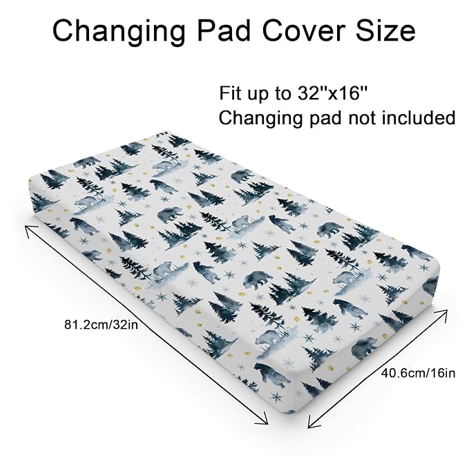Bear Snow Forest Changing Pad Cover Watercolor Bear Paws Trees Change Table Pad Cover for Baby Boys Girls Soft Breathable Stretchy Snug Fitted Diaper Changing Mat Sheets 32''x16''