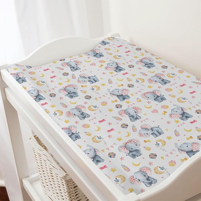 Cute Elephant Changing Pad Covers Cartoon Elephant Diaper Changing Pad Table Sheets Cover for Boy Girl Pink Elephant Soft Breathable Stretch Nursery Baby Changing Pad Mats Covers 32''x16''