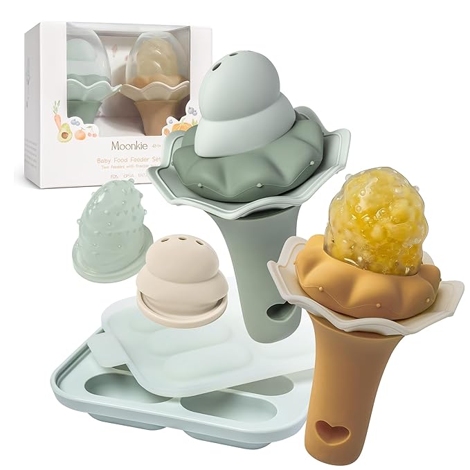 Moonkie Baby Fruit Feeder for Self-Feeding: Controlled Flow Design for Safe First Foods - BPA Free Silicone Food Feeder with Freezer Tray for Cooling Comfort - Baby Shower Gifts 4M+ - 2 Pack