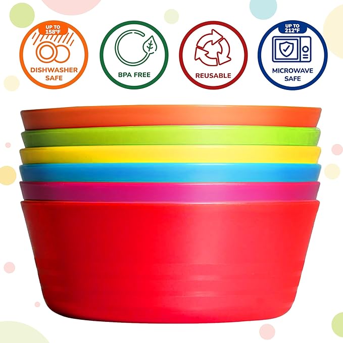 PLASKIDY Plastic Toddler Bowls Set of 6 - 10 Oz Kids Bowls, Microwave & Dishwasher Safe, BPA Free, Brightly Colored, Great for Cereal, Soup, Snack, Fruit or Salad
