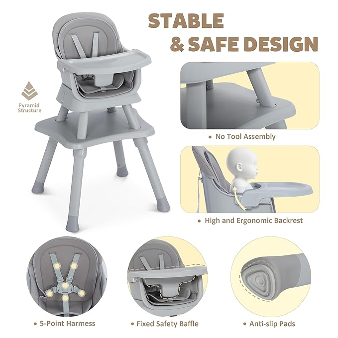 TODEFULL Baby High Chair, 8 in 1 Convertible Highchairs for Babies and Toddlers, Children Dining Booster Seat/Kids Building Block Table for Girls Boys, Baby Seat with Removable Tray, Light Grey