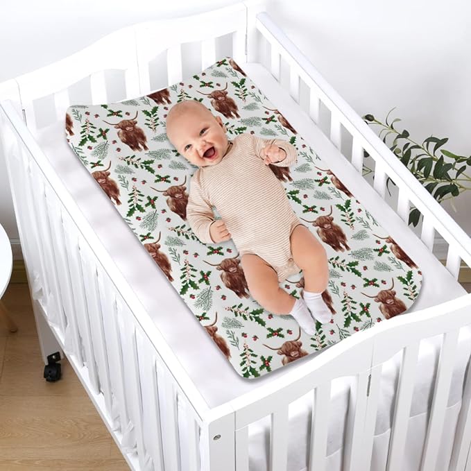Highland Cows Christmas Cherry Pine Fir Leaves Changing Pad Covers Yak Winter Xmas Baby Diaper Change Table Sheets for Boys Girls Soft Stretchy Fitted Changing Table Mats Covers 32''x16''