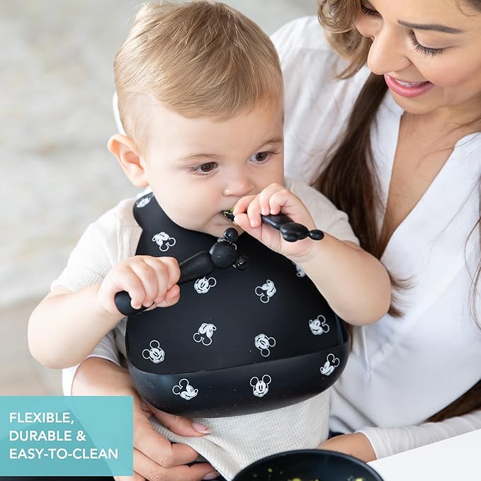 Bumkins Disney Bibs, Silicone Pocket for Babies, Baby Bib for Girl or Boy, for 6-24 Months Up to Toddler, Essential Must Have for Eating, Feeding, Baby Led Weaning Supplies, Mess Saving, Mickey Mouse