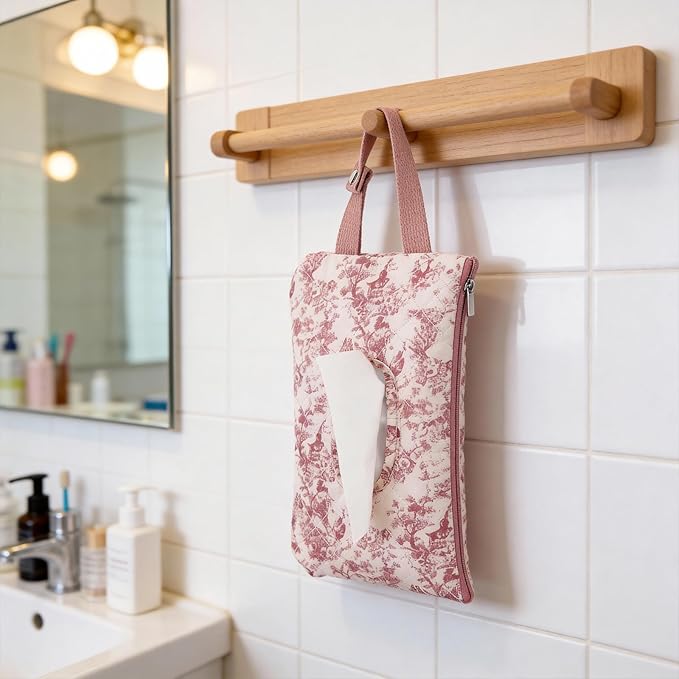 Quilted Baby Wipe Holder, Canvas Floral Quilted Pouch with Hanging Strap, Portable Diaper Wipe Holder for Travel Stroller-Classic Pink