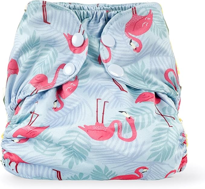BISENKID Waterproof Cloth Diaper Cover Reusable Swim Diaper - Adjustable Outer Shell Over an Absorbent Inner Layer to Prevent Urine Blowouts - Outer Flamingo, Size 1 (7-17lbs)