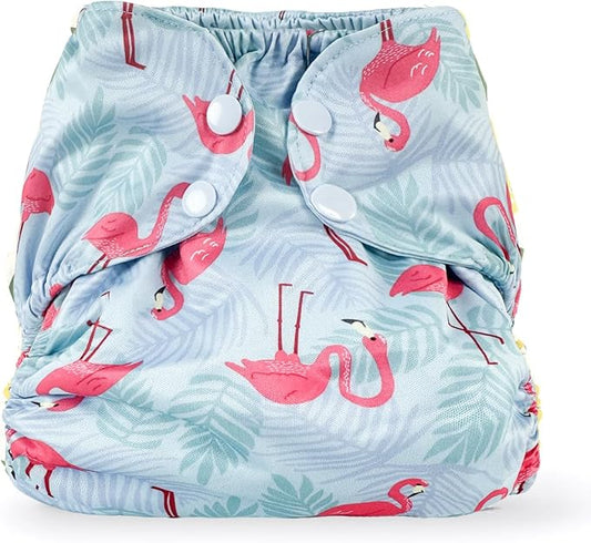 BISENKID Waterproof Cloth Diaper Cover Reusable Swim Diaper - Adjustable Outer Shell Over an Absorbent Inner Layer to Prevent Urine Blowouts - Outer Flamingo, Size 1 (7-17lbs)