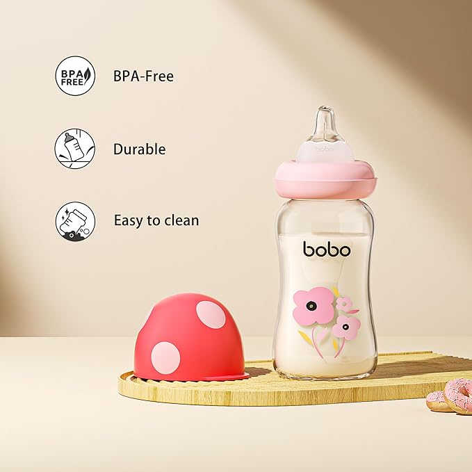 YOHKOH Natural Glass Baby Bottle with Level 1 Slow Flow Nipple, Newborn Anti-Colic Baby Bottles, Wide Neck Mushroom Baby Glass Bottle ((5.4oz (Pack of 2), Red-1)