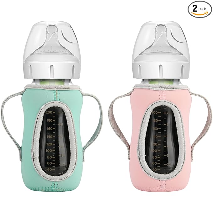 Beautyflier Glass Baby Bottle Sleeve Covers for Dr. Brown's Natural Flow Anti-Colic Wide-Neck Glass Baby Bottles, 3.3mm Thicken Heat and Cold Retention Baby Bottle Sleeve (Pink + Green, 9oz/270 mL)