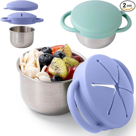 Bufilea 2 Pack Snack Containers for Toddlers, Stainless Steel Toddler Snack Cups with Silicone Food Catcher & Lids,Snack Cups for toddlers Spill Proof