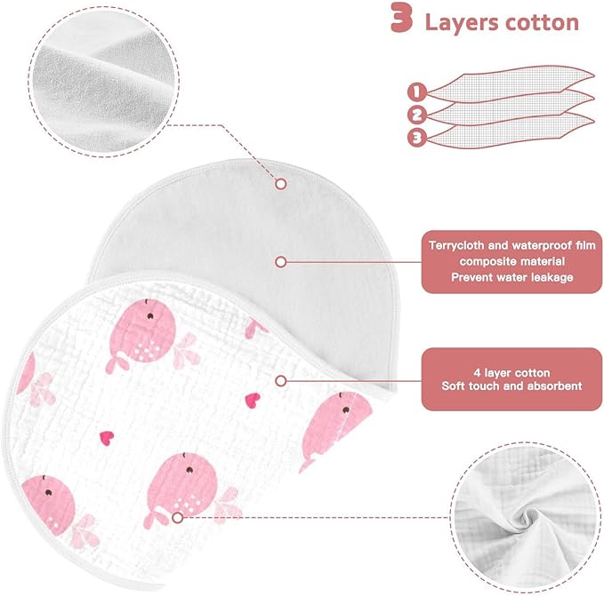 Pink Whale with Heart Muslin Burp Cloths for Baby 4 Pack 100% Cotton Baby Washcloths Bibs for Boy Girl