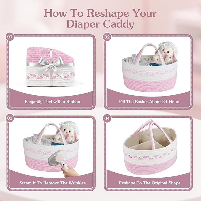 Diaper caddy Organizer, Cotton Rope Gift Basket with Removable Divider, Nursery Storage Organizer for Baby Essentials, Changing Table Diaper Storage Caddy (Pink)