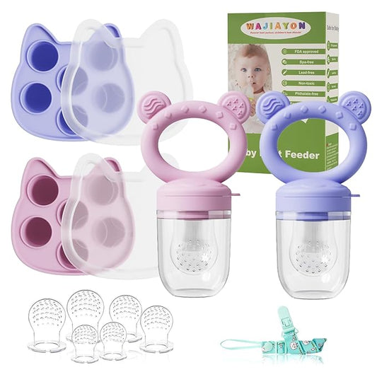 Baby Breastmilk Popsicle Molds & Baby Fruit Feeder (4 Pack), Infant Food Freezer Tray Storage Containers, Silicone Teething Pacifier Feeder and Teether for Babies,Boys and Girls-Pink&Purple