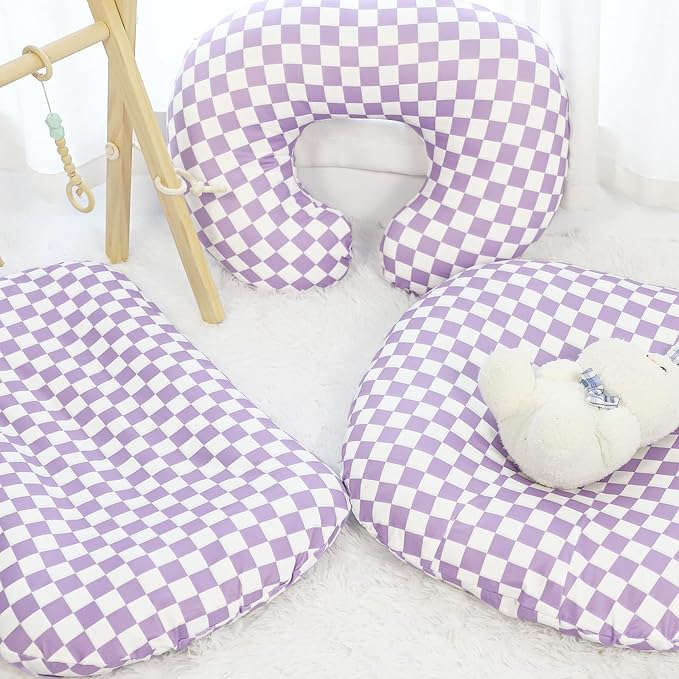 DILIMI Nursing Pillow Cover, Stretchy Removable Case for Breastfeeding Pillows, Ultra Soft Comfortable Slipcover for Baby Girl and Boy, Purple Checkered