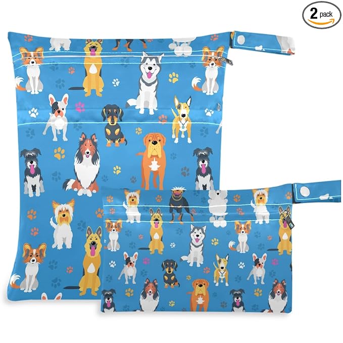 visesunny Funny Asorted Dog and Footprint 2Pcs Wet Bag with Zippered Pockets Washable Reusable Roomy for Travel,Beach,Pool,Daycare,Stroller,Diapers,Dirty Gym Clothes, Wet Swimsuits, Toiletries