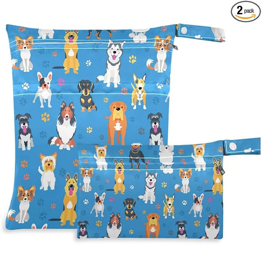 visesunny Funny Asorted Dog and Footprint 2Pcs Wet Bag with Zippered Pockets Washable Reusable Roomy for Travel,Beach,Pool,Daycare,Stroller,Diapers,Dirty Gym Clothes, Wet Swimsuits, Toiletries