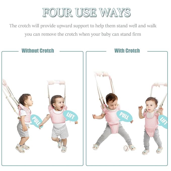 Baby Walking Harness, Handheld Kids Walker Helper with Detachable Crotch Adjustable Walker Harness Assistant Belt Baby Learning Walk Toddler Infant Walker 9-24 Months (Breathable Pink)