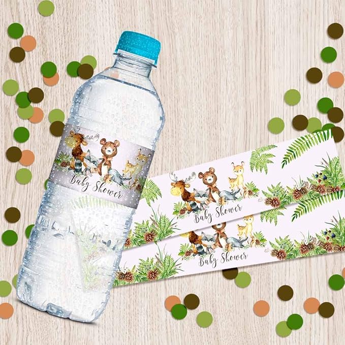 Watercolor Woodland Forest Animals Baby Shower Waterproof Water Bottle Sticker Wrappers 20 Wrap Around Labels Sized 1.75" x 8.5" by AmandaCreation