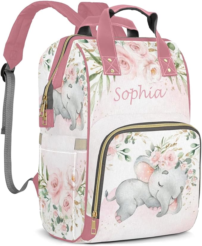 Pink Elephant Flower Diaper Bag Backpack Multifunction Bags with Changing Pad Unisex Stylish Travel Back Pack Nappy Custom Bag for Moms Dads