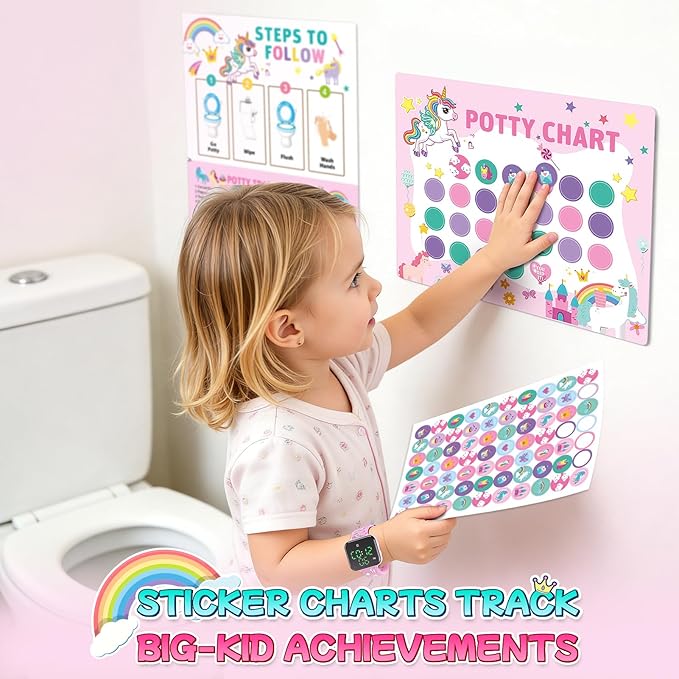 Potty Training Watch & Chart & Book for Kids: Upgrade 3 in 1 Toddler Potty Training Kit Rechargeable Toilet Reminder Unicorn Potty Training Chart with Reward Stickers for Toddler Girls (Pink)