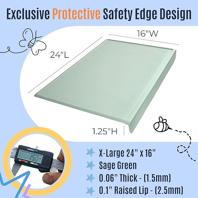 Silicone Craft Mat for Painting, PlayDoh and Art Projects with Angle-Protective Safety Edge – Toddlers & Kids Placemat – Non-Slip & BPA-Free Food Mat – 1.5mm Thick, 24"x16", Sage Green