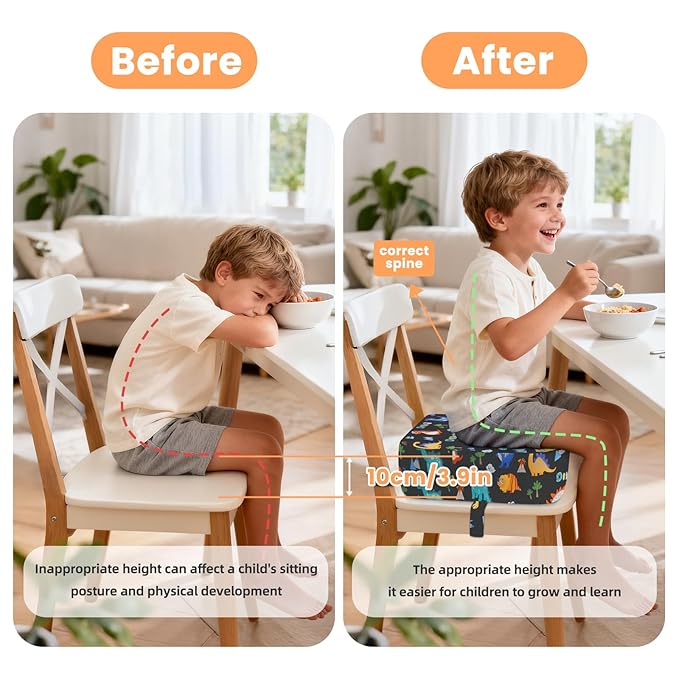 Toddler Booster Seat for Dining Table Kitchen Chair, Kids Booster Seat with Non-Slip Bottom and Adjustable Straps, 4" Detachable Washable Portable Travel Increasing Cushion (Dinosaur)