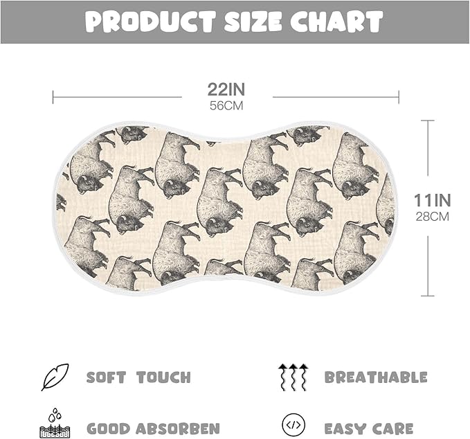 Muslin Burp Cloths for Baby Boys and Girls - 2-Pack Ultra Absorbent North America Bison Muslin Washcloths, Newborn Towel, Milk Spit Up Rags, Burp Cloth Bibs for Unisex, 22 x 11 Inch