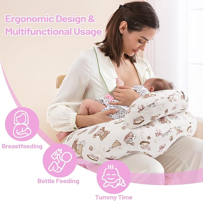 AMASKY Nursing Pillow for Breastfeeding and Bottle Feeding, Ergonomic Support for Mom and Baby, Removable Washable Cover, Pink Bear Pattern, Pallet of Product