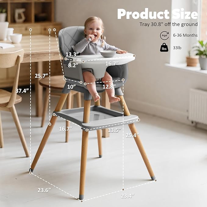 TODEFULL 8 in 1 Wooden High Chairs for Babies Toddlers, Convertible to Booster Seat, Baby Feeding Highchair w/ 5-Point Safety Harness, Removable Tray & Cushion, Gray