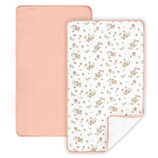 Waterproof Portable Changing Pad 2 Pack, Muslin Cotton Baby Changing Mat Comfortable & Breathable, Foldable Diaper Changing Pad for Travel, Machine Washable, Flower & Pink