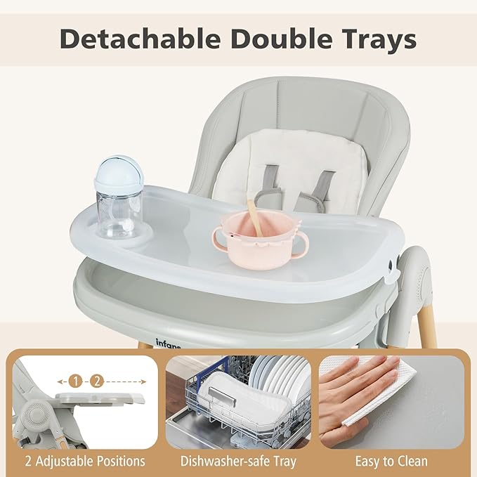 INFANS Baby High Chair, High Chairs for Babies & Toddlers with Adjustable Height Backrest Footrest Removable Tray, Easy to Clean PU Seat Convertible Quick Folding Portable Highchair