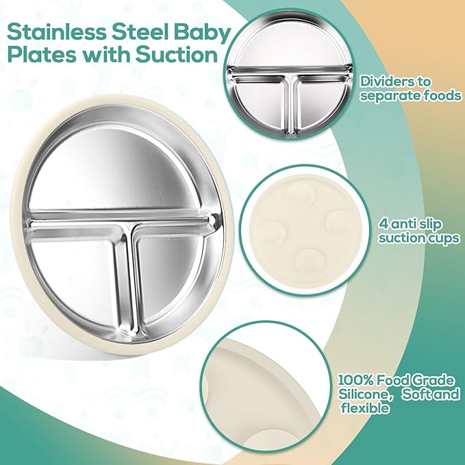 Mity rain Stainless Steel & Silicone Toddler Plates and Bowls Set with Suction,5-Piece Suction Plates & Bowls for Toddler,Removable Shell,Silicones Baby Plates for Independent Eating(Beige)