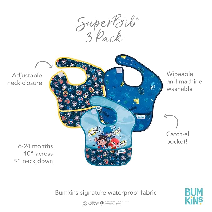 Bumkins Bibs for Girl or Boy, SuperBib Baby and Toddler 6-24 Months, Essential Must Have for Eating, Feeding, Baby Led Weaning Supplies, Mess Saving Catch Food, Fabric, 3-pk DC Comics Super Friends