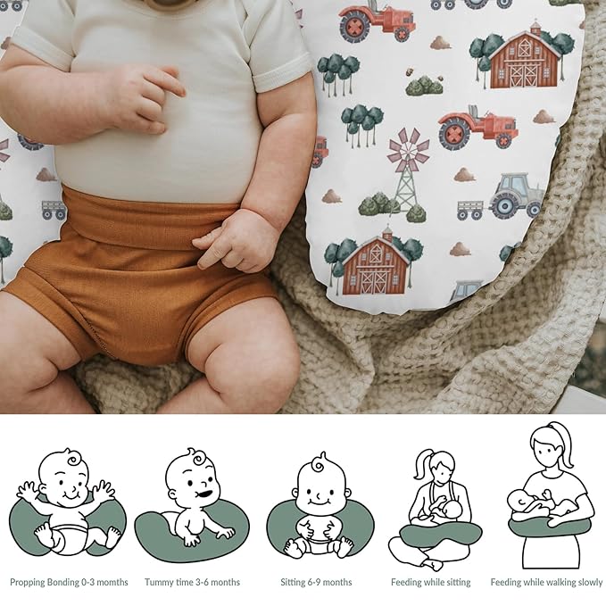 Boho Farm Life Baby Nursing Pillow Covers for Boy Girl Tractor Barn Trees Meadow Nursing Pillow Slipcover for Breastfeeding Pillows Farmyard Soft Stretchy Removable Covers for Newborn Infant